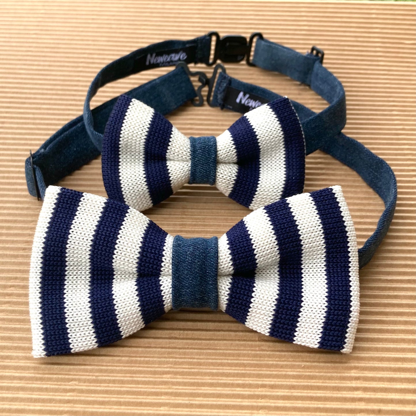 Papillon Adulto + Bambino in maglia di cotone e jeans - Righe blu e bianche & Jeans