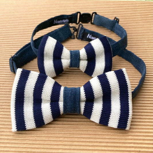 Papillon Adulto + Bambino in maglia di cotone e jeans - Righe blu e bianche & Jeans