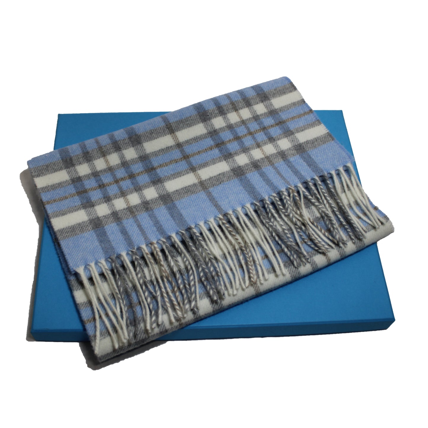 Écharpe Tartan - 100% Laine Mérinos - Bleu Clair/Beige