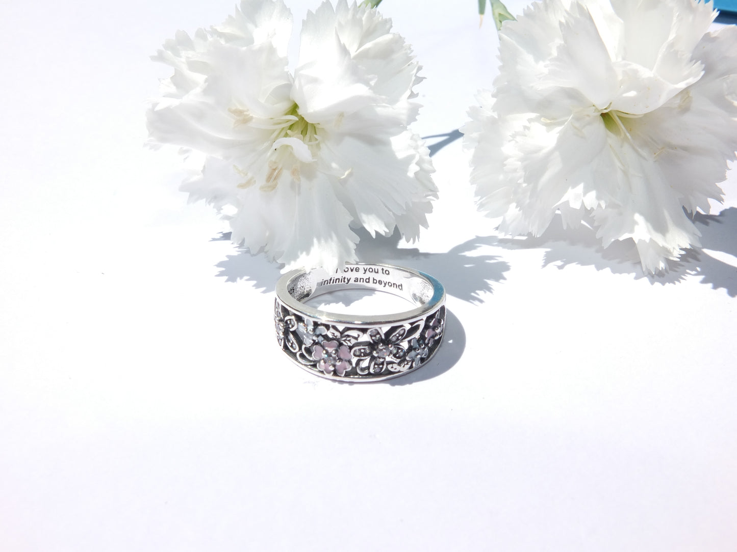 Bague en argent 925 avec fleurs et gravure "I love you to infinity and beyond" 