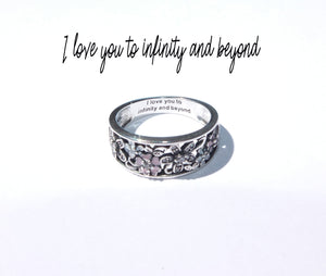Anello in Argento 925 con fiori e incisione "I love you to infinity and beyond"